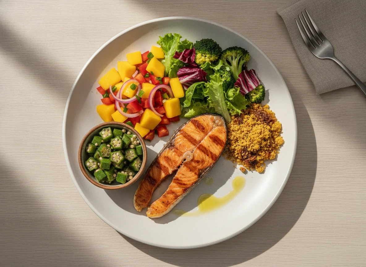 Prato de Salmão Grelhado com Salada e Manga photo