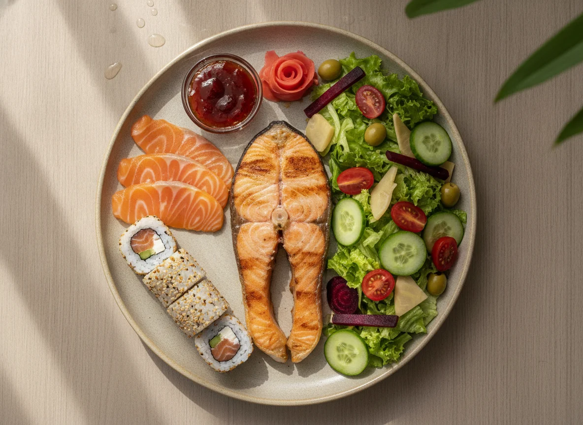 Prato de Salmão Grelhado com Salada e Sushi photo