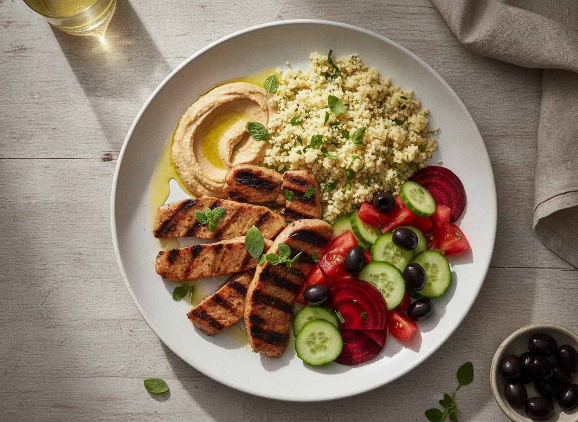 Prato de Seitan com Cuscuz e Salada Mediterrânica photo