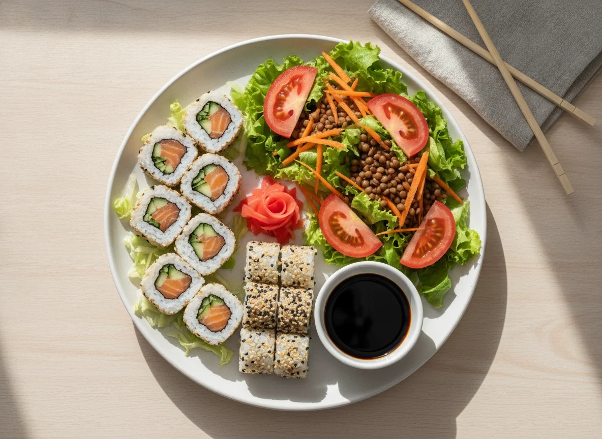Prato de Sushi e Salada photo