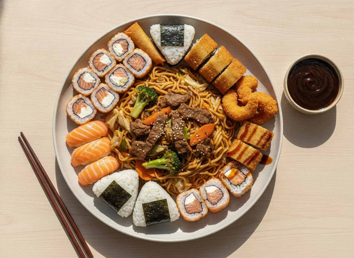 Prato de Sushi e Yakisoba Misto photo