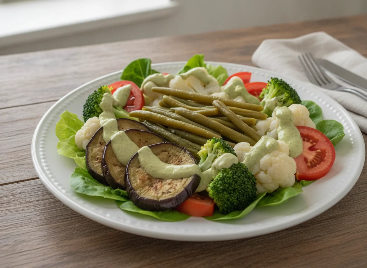 Prato de vegetais com beringela e vagem photo