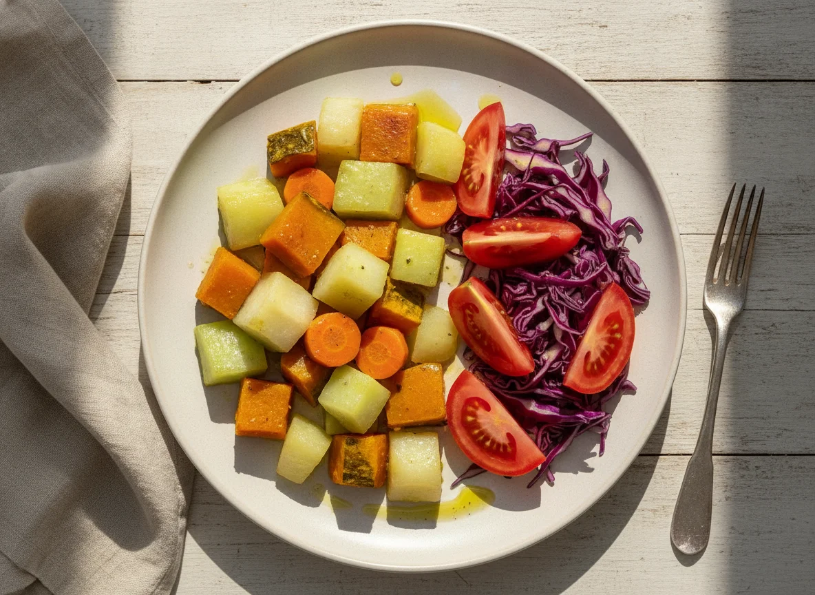 Prato de vegetais cozidos e salada photo
