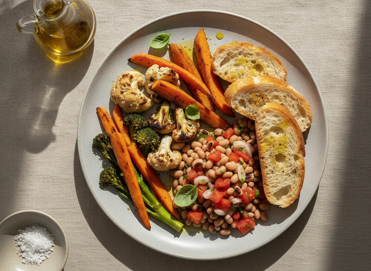 Prato de vegetais grelhados com salada de feijão fradinho e pão photo