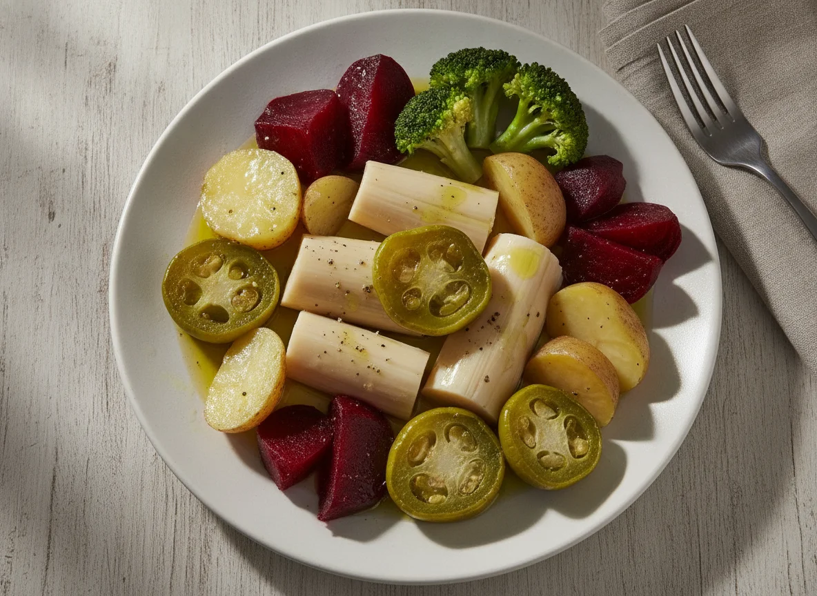 Prato de vegetais variados com palmito e giló photo