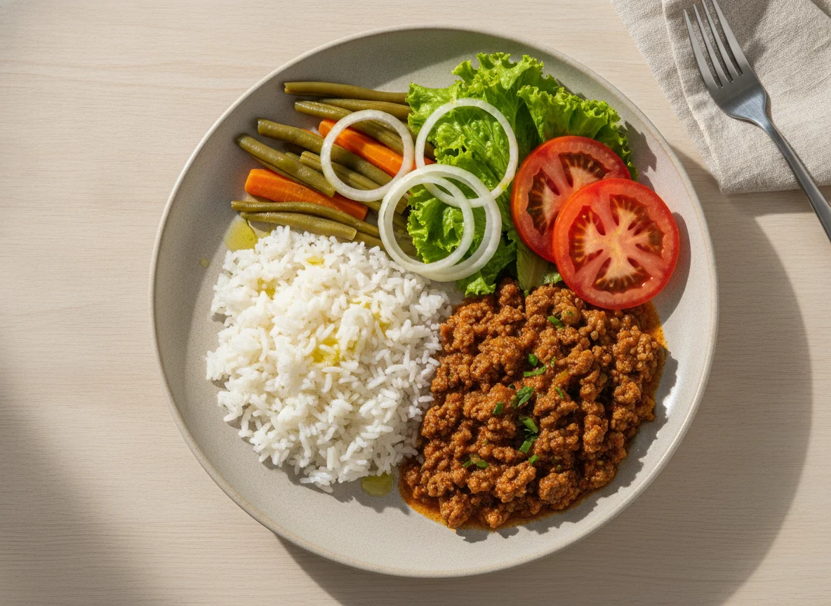 Prato equilibrado com arroz, carne picada e vegetais photo