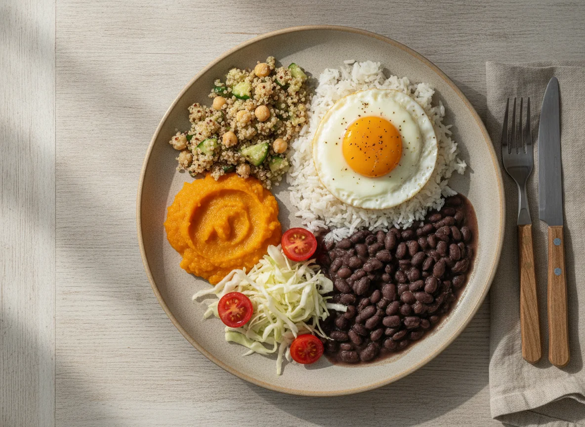 Prato equilibrado com arroz, feijão, abóbora, salada de quinoa e ovo frito photo