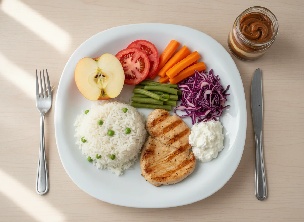 Prato equilibrado com arroz, vegetais, bife e sobremesa photo