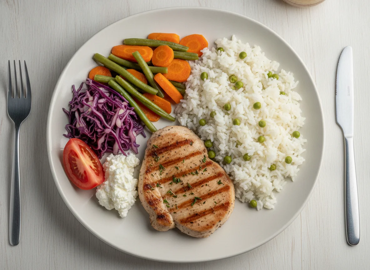 Prato equilibrado com bife de peru, arroz de ervilhas e legumes photo