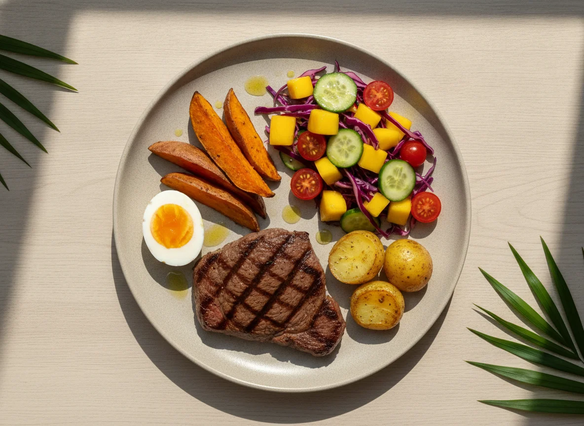 Prato equilibrado com bife, ovo cozido, batata doce e salada tropical photo