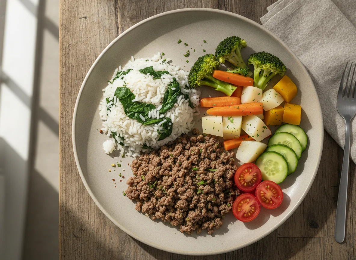 Prato equilibrado com carne moída, arroz com espinafre e legumes cozidos photo