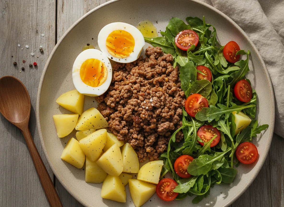 Prato equilibrado com carne moída, ovo, batata e salada photo