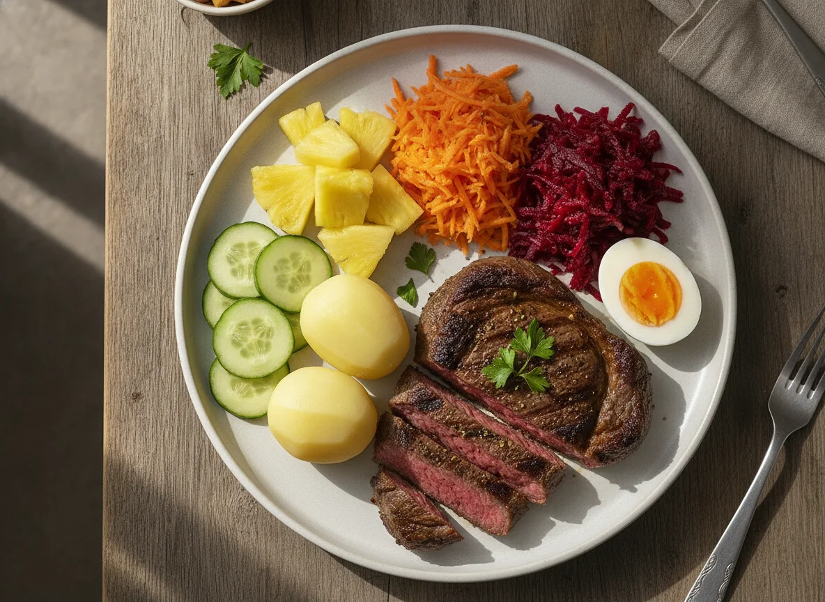 Prato equilibrado com carne, ovo e vegetais photo