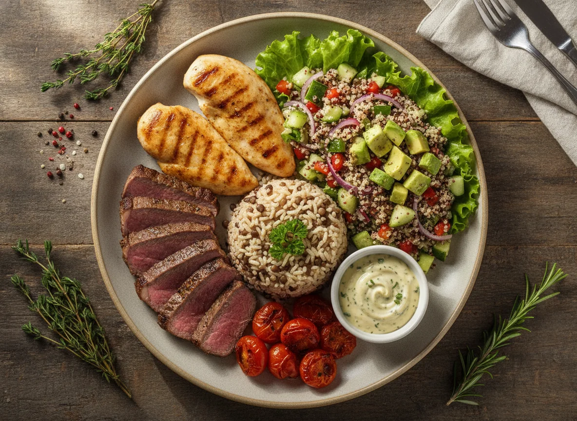 Prato equilibrado com carnes, grãos e salada photo