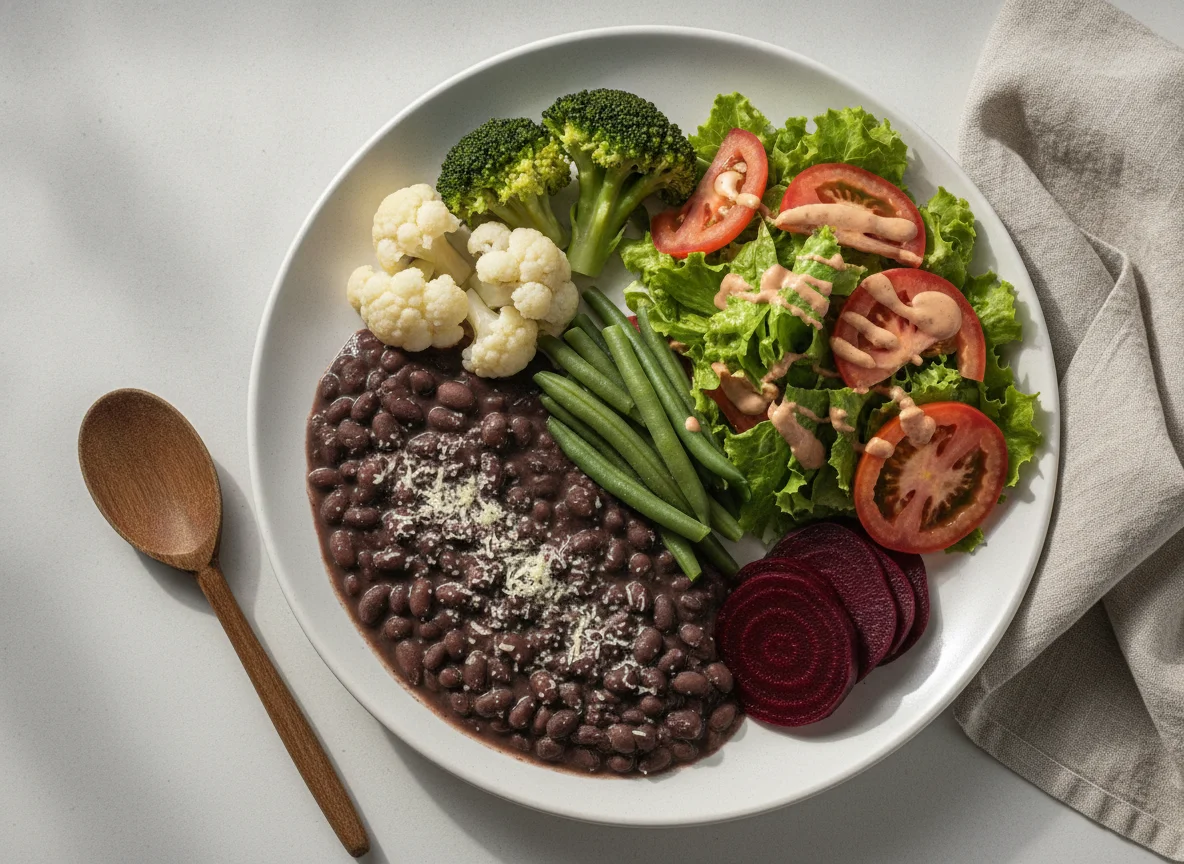 Prato equilibrado com feijão, legumes e salada photo