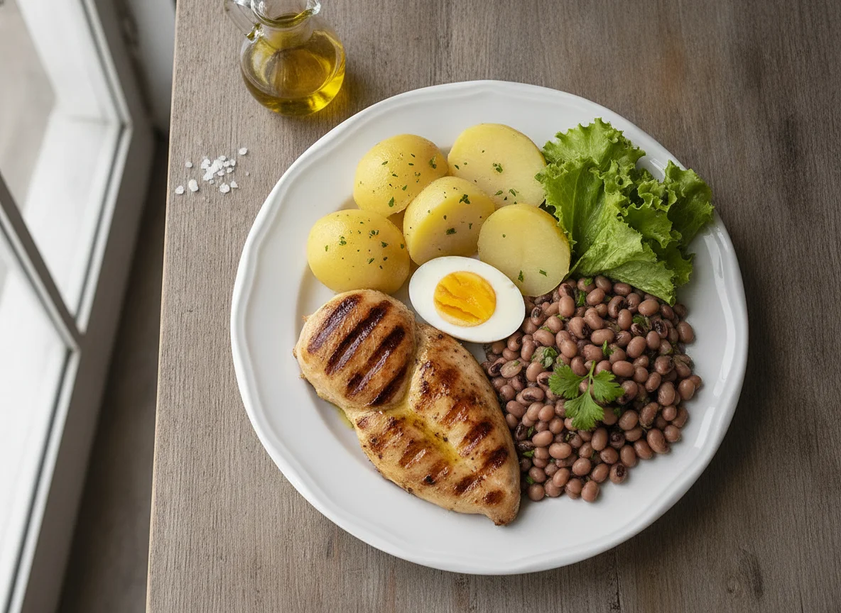 Prato equilibrado com frango, batata e feijão-frade photo