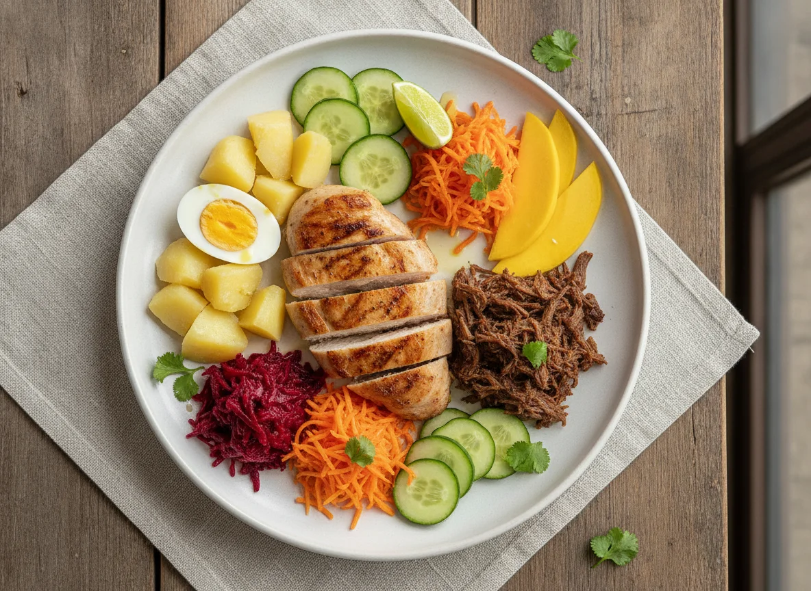 Prato equilibrado com frango, carne desfiada e vegetais photo