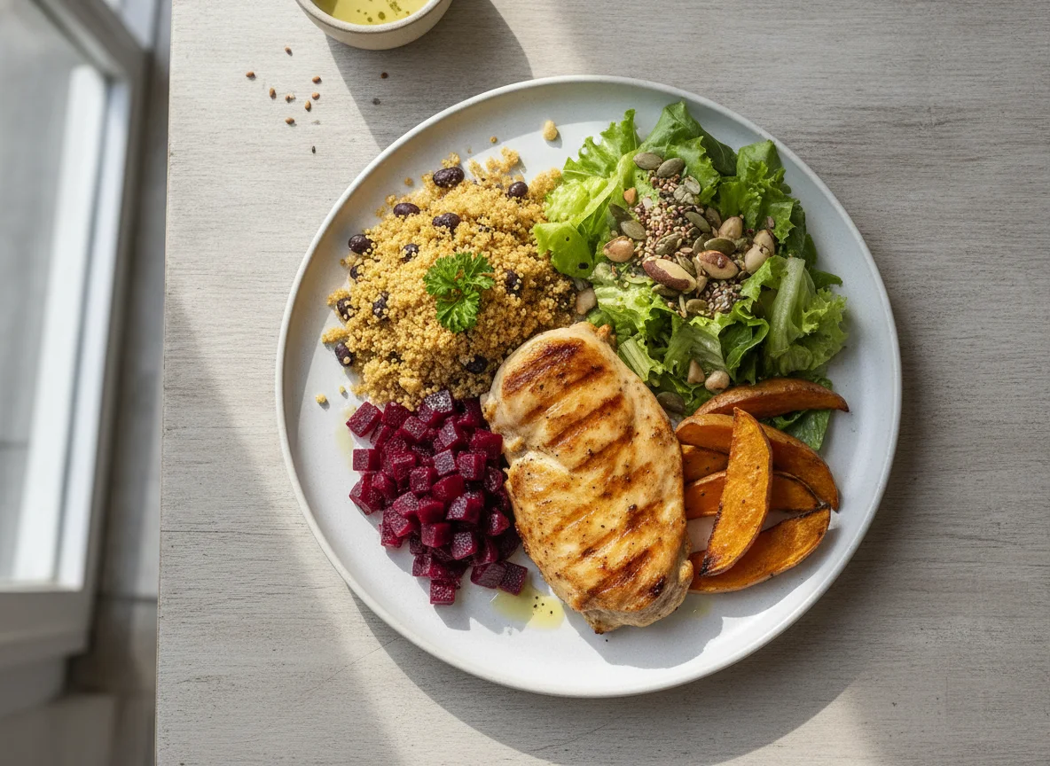 Prato equilibrado com frango, farofa, beterraba e salada photo