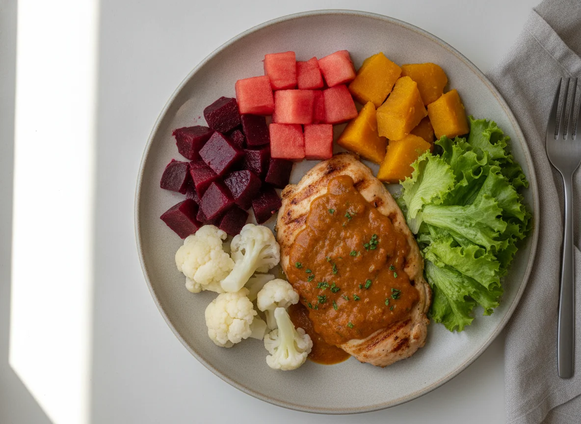 Prato equilibrado com frango, legumes e frutas photo