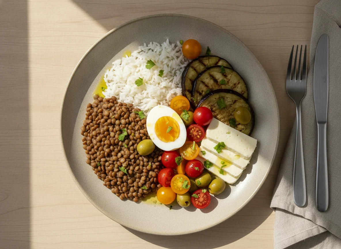 Prato equilibrado com lentilha, arroz, ovo e berinjela photo