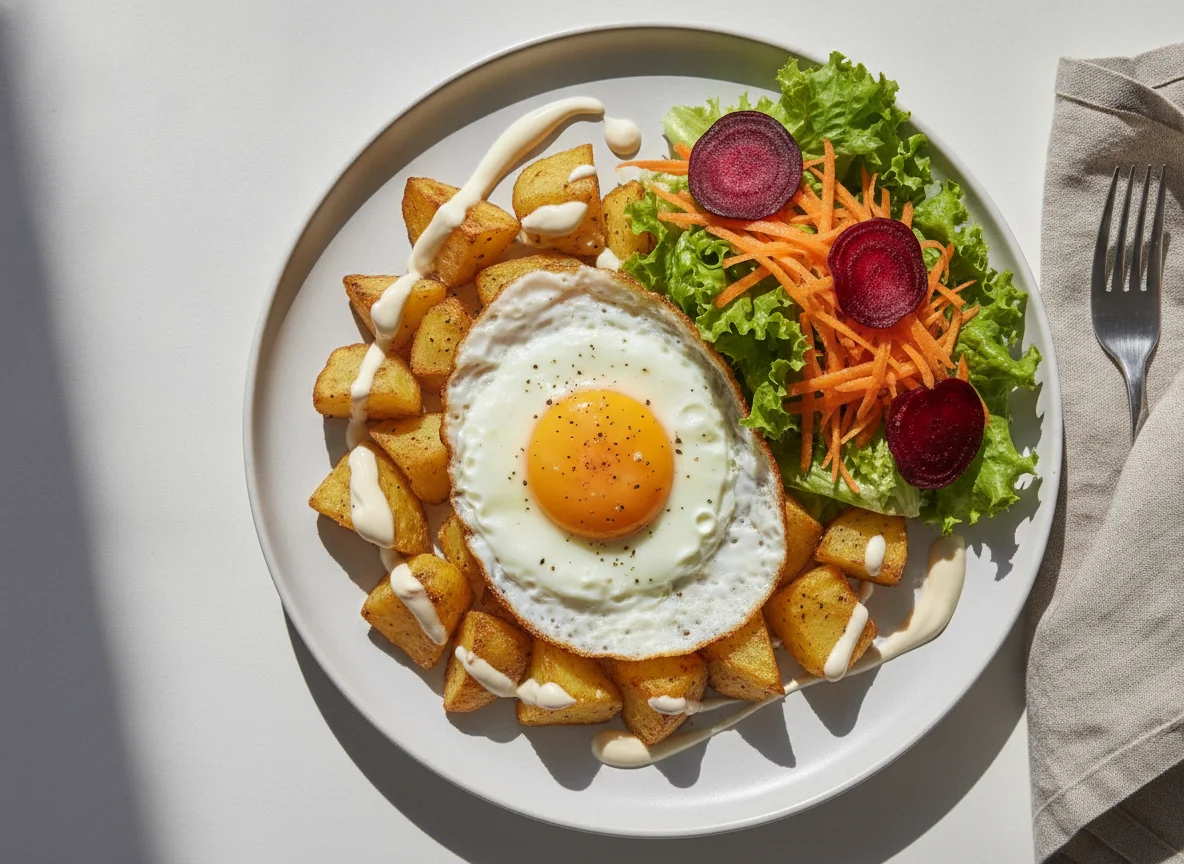 Prato equilibrado com ovo, batatas e salada photo