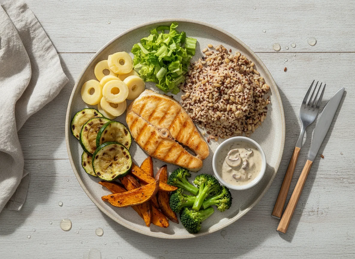 Prato equilibrado com peixe, arroz integral e vegetais photo