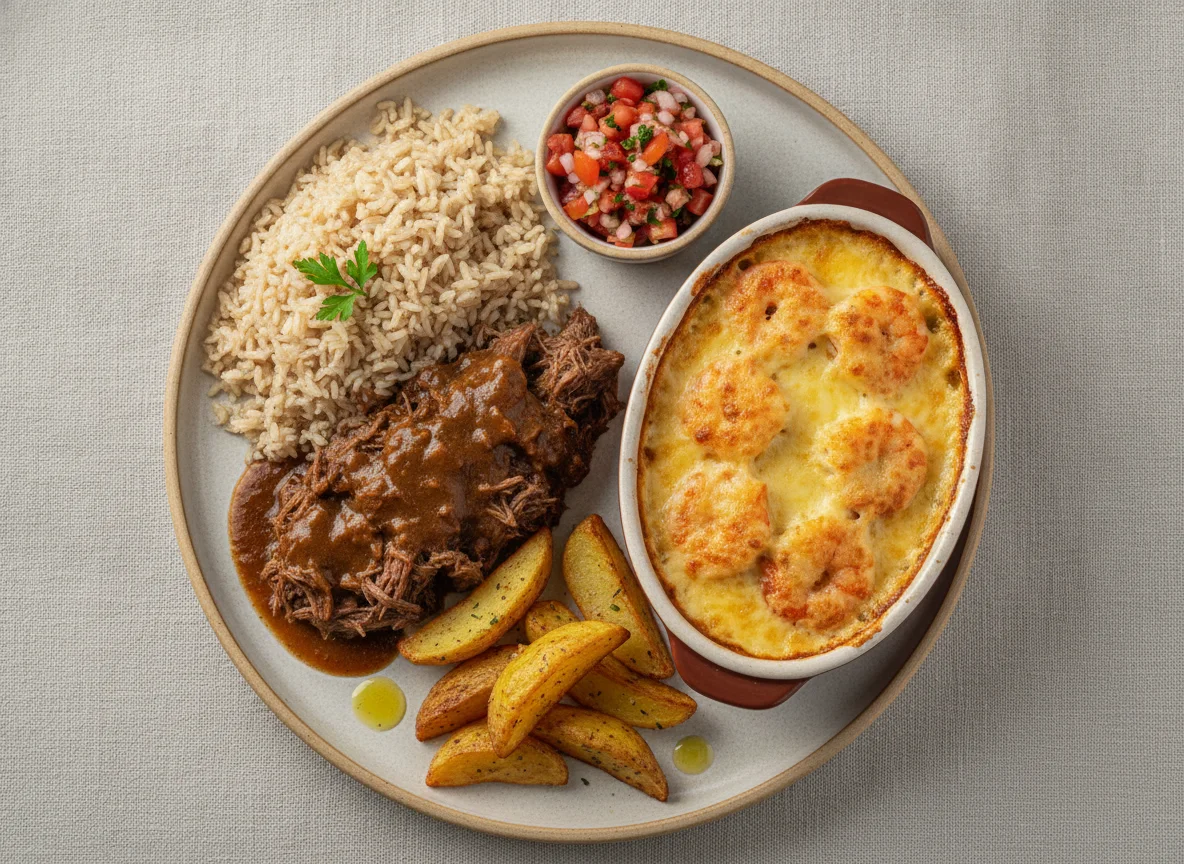 Prato executivo com arroz integral, carne assada, batatas e camarão gratinado photo