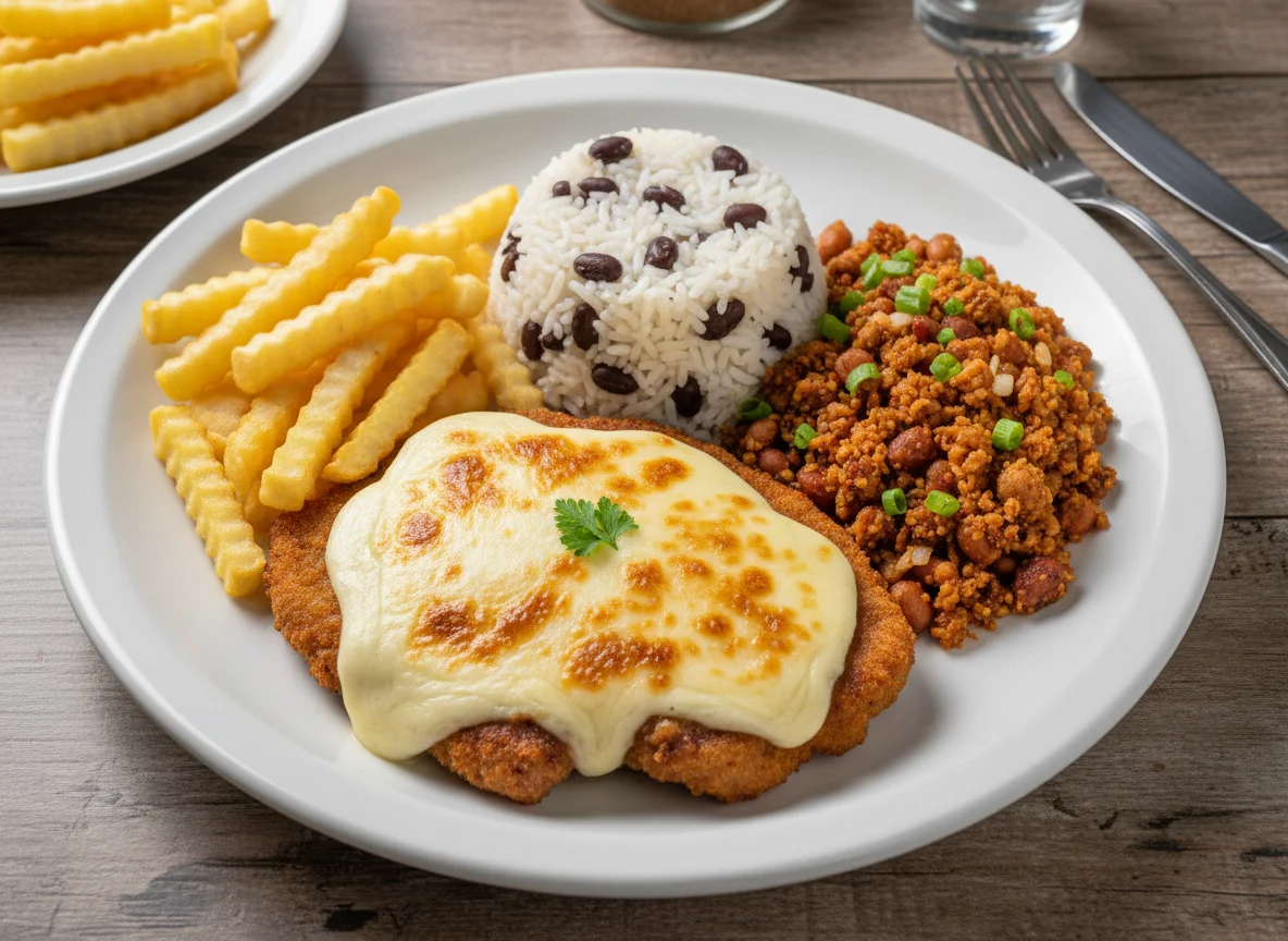 Prato Executivo com Bife à Parmegiana, Arroz, Feijão Tropeiro e Batata Frita photo
