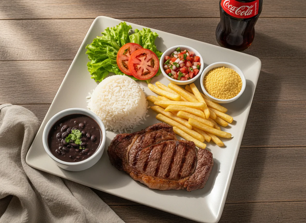 Prato executivo com bife, arroz, batata frita e acompanhamentos photo