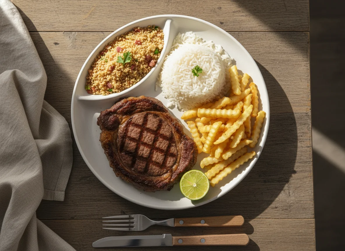 Prato Executivo com Bife, Arroz, Batata Frita e Farofa photo