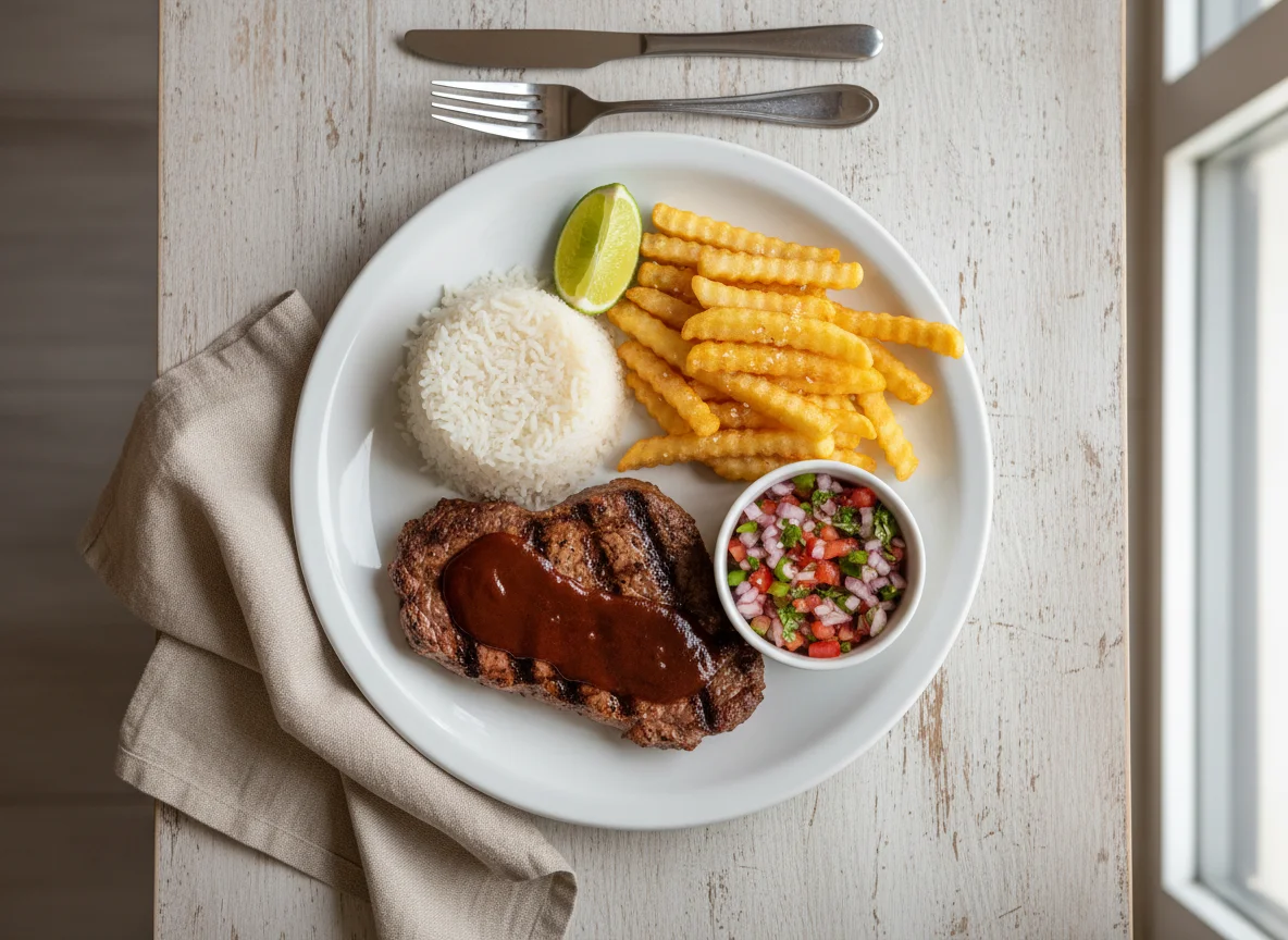Prato executivo com bife, arroz, batata frita e vinagrete photo