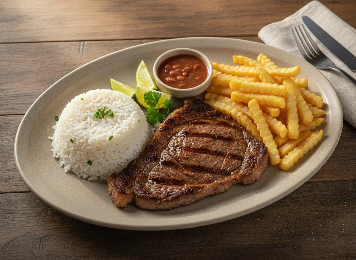 Prato Executivo com Bife, Arroz e Batata Frita photo
