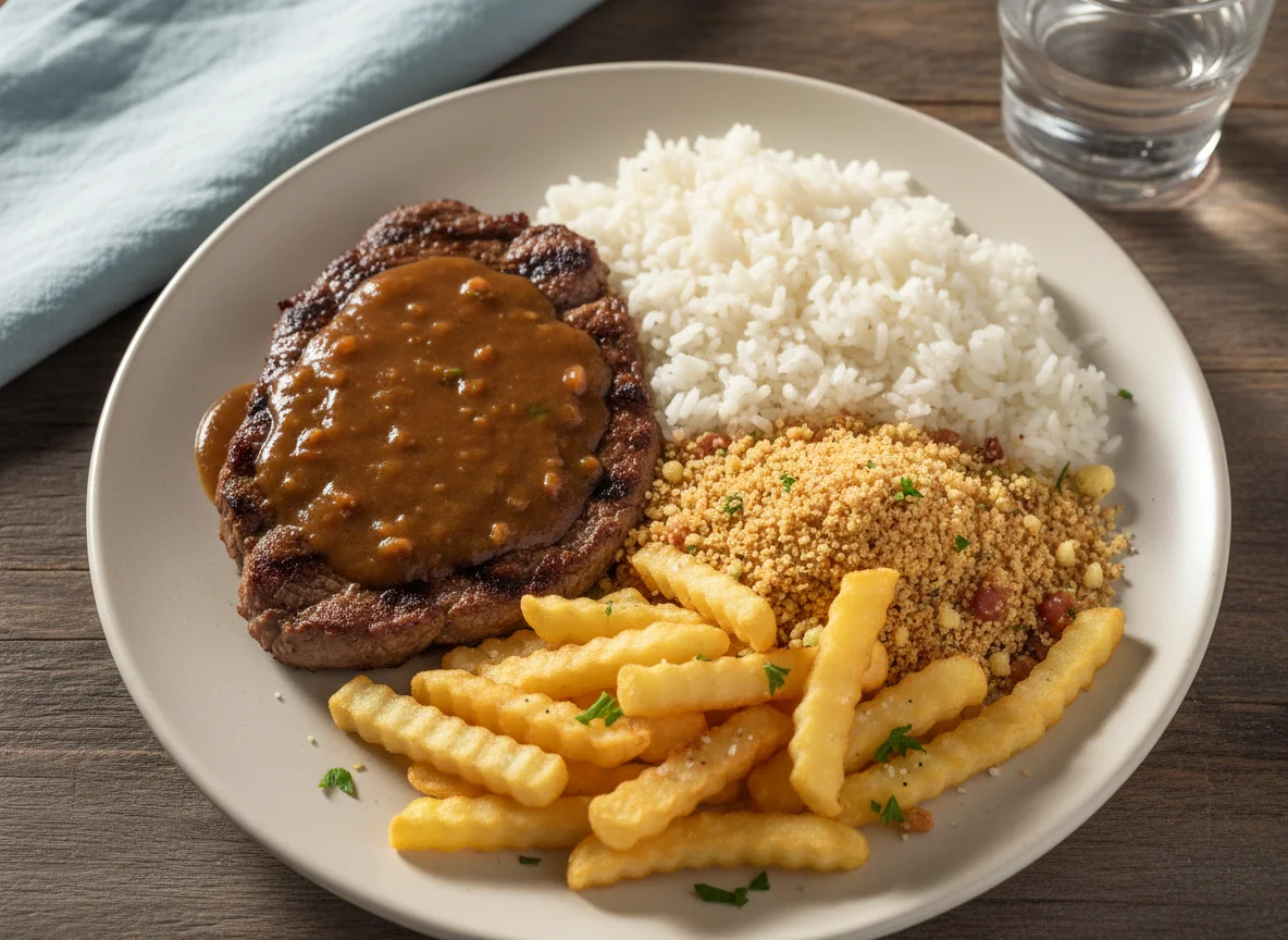 Prato Executivo com Bife, Arroz, Farofa e Batata Frita photo
