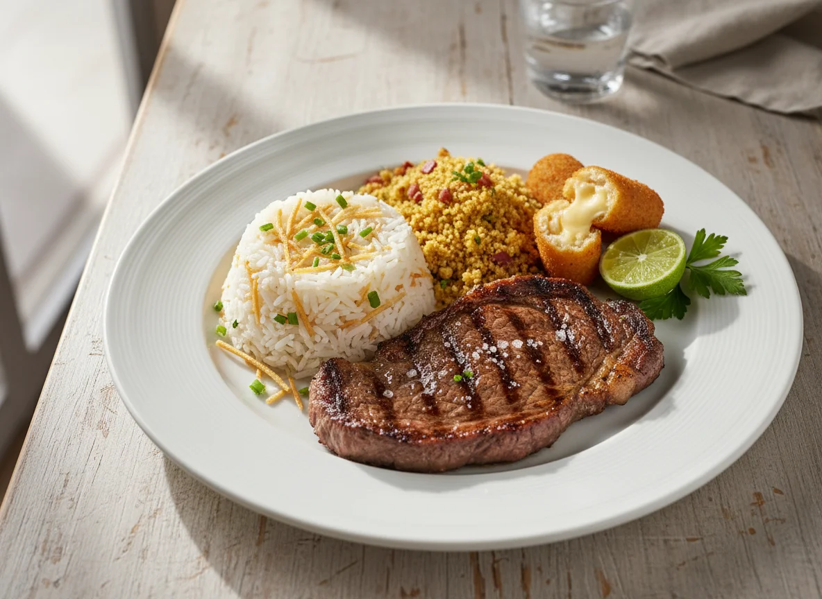 Prato Executivo com Bife, Arroz, Farofa e Croquete photo