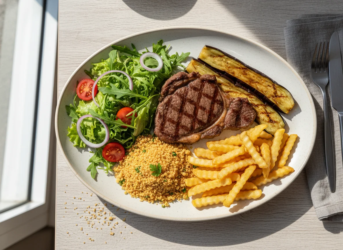 Prato Executivo com Bife, Salada, Farofa, Berinjela e Batata Frita photo