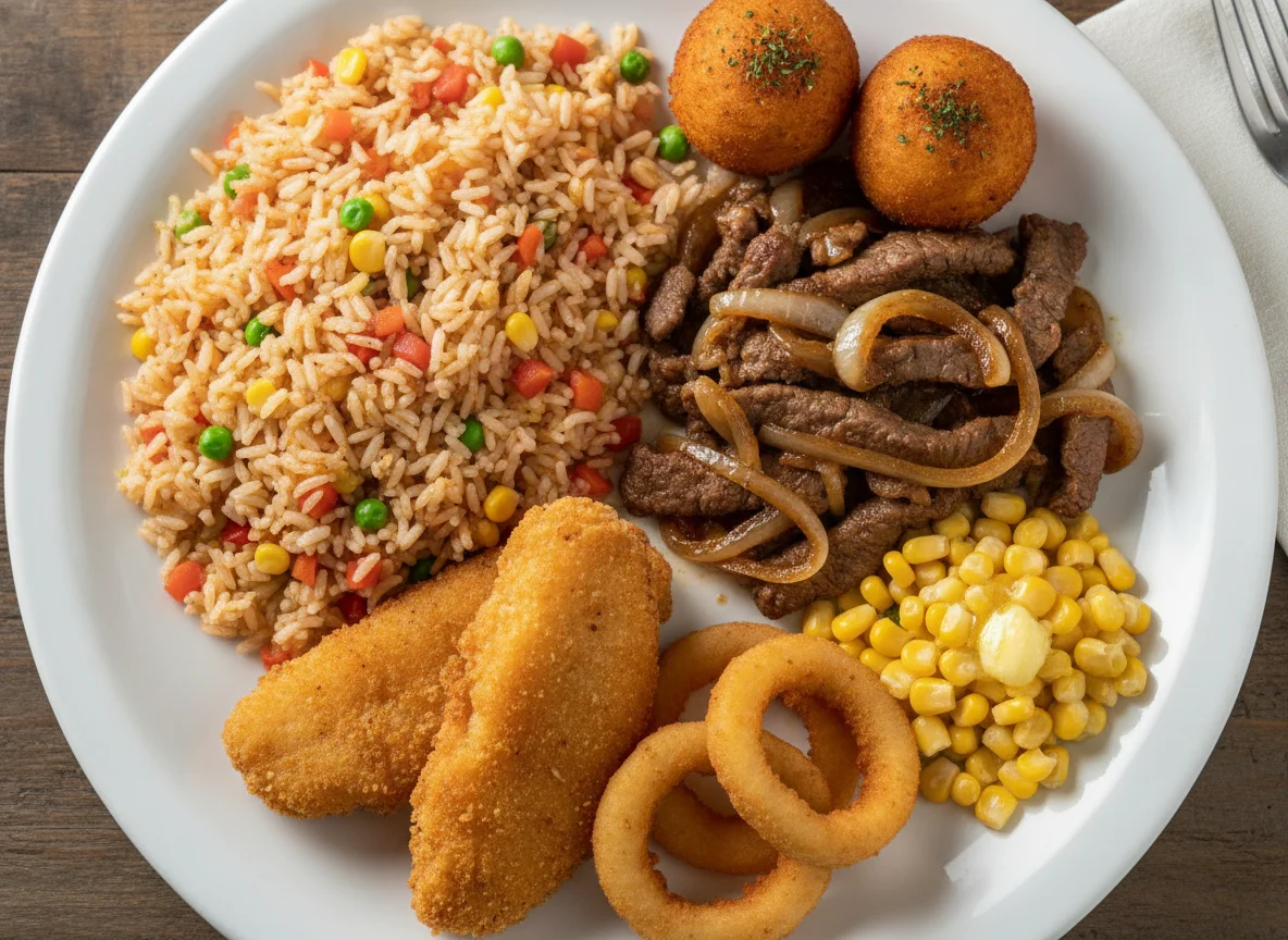 Prato Executivo com Carne Acebolada, Arroz Colorido, Peixe Empanado e Milho photo