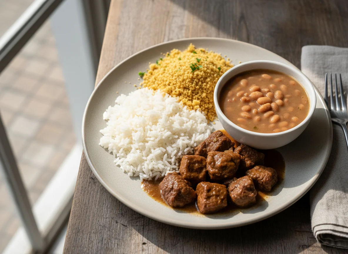 Prato executivo com carne, arroz, feijão e farofa photo