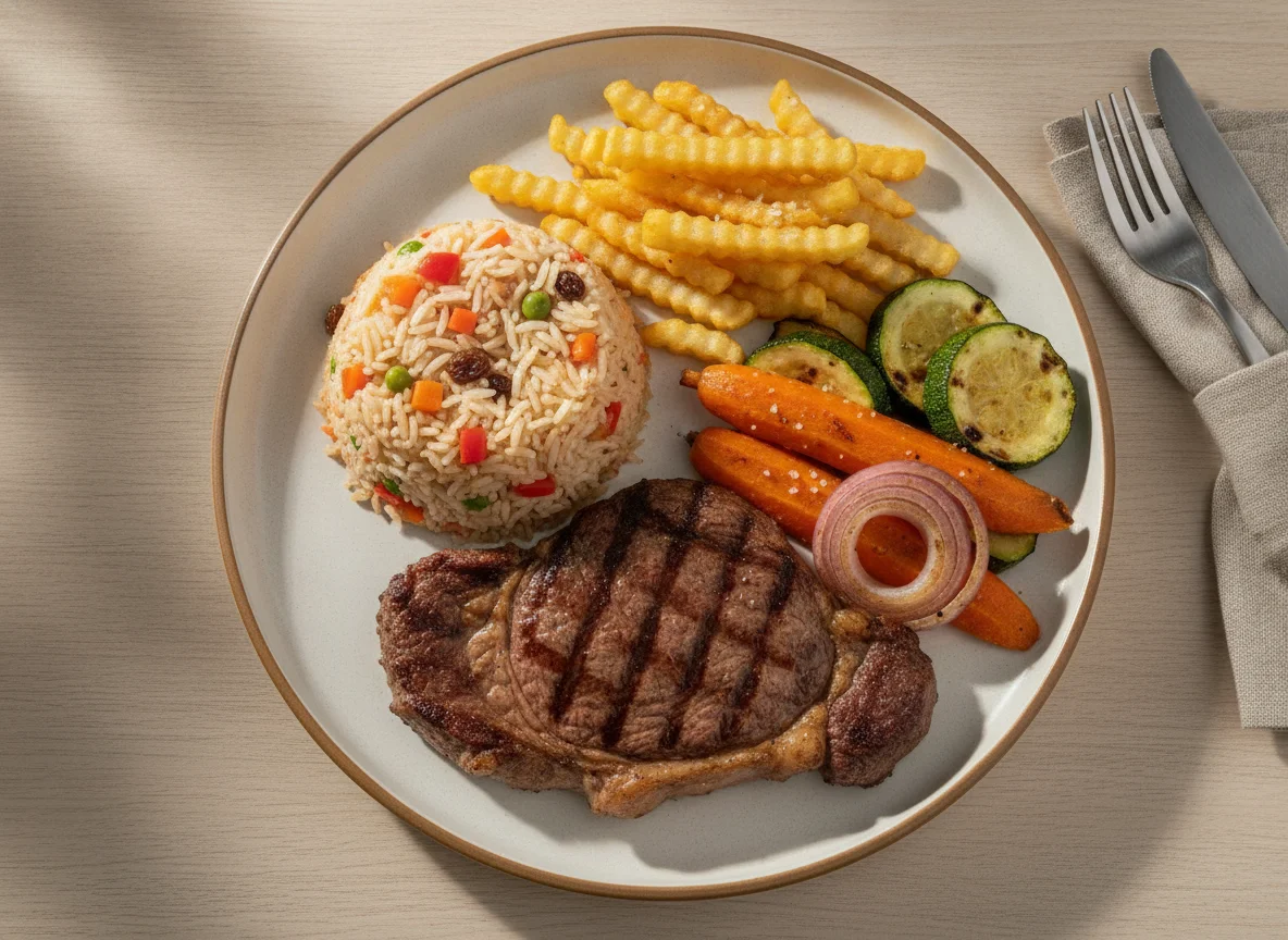 Prato Executivo com Carne Grelhada, Arroz, Batata Frita e Legumes photo