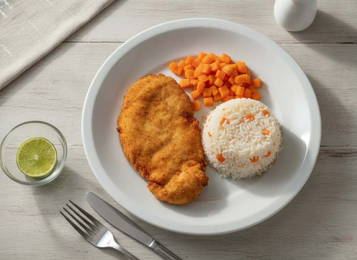 Prato Executivo com Frango à Milanesa, Arroz e Cenoura photo