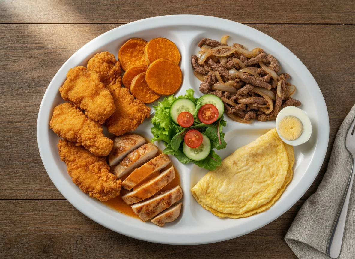 Prato Executivo com Frango, Carne Acebolada e Omelete photo
