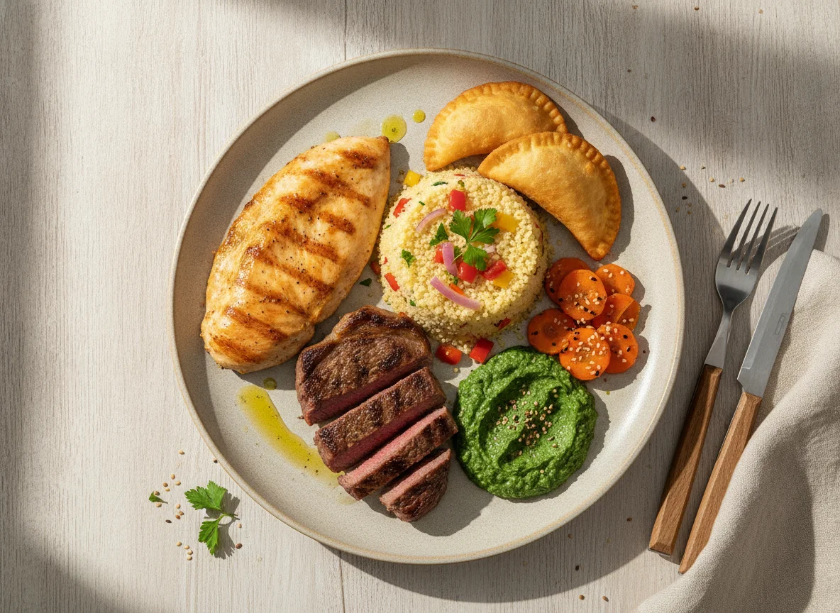 Prato Executivo com Frango, Carne, Cuscuz e Legumes photo