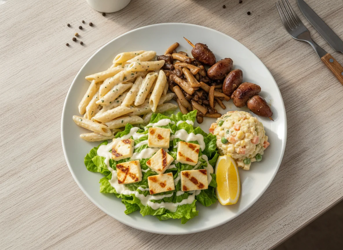 Prato Executivo com Macarrão Penne, Cogumelos, Salada e Coração de Frango photo