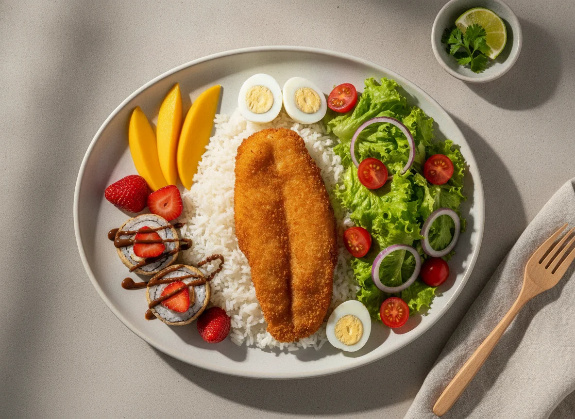 Prato Executivo com Peixe Empanado, Arroz, Salada e Frutas photo