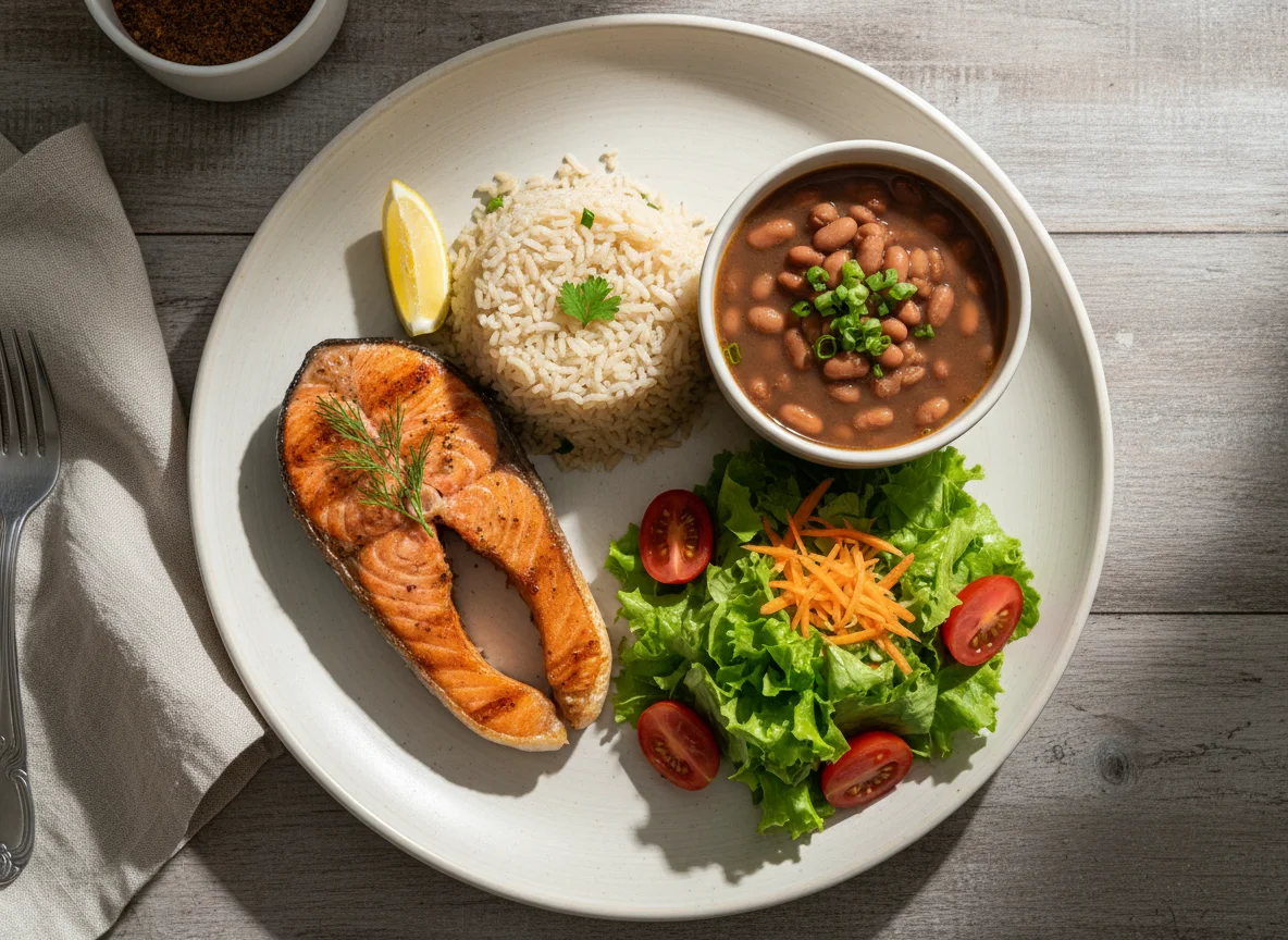 Prato executivo com salmão grelhado, arroz integral, feijão e salada photo