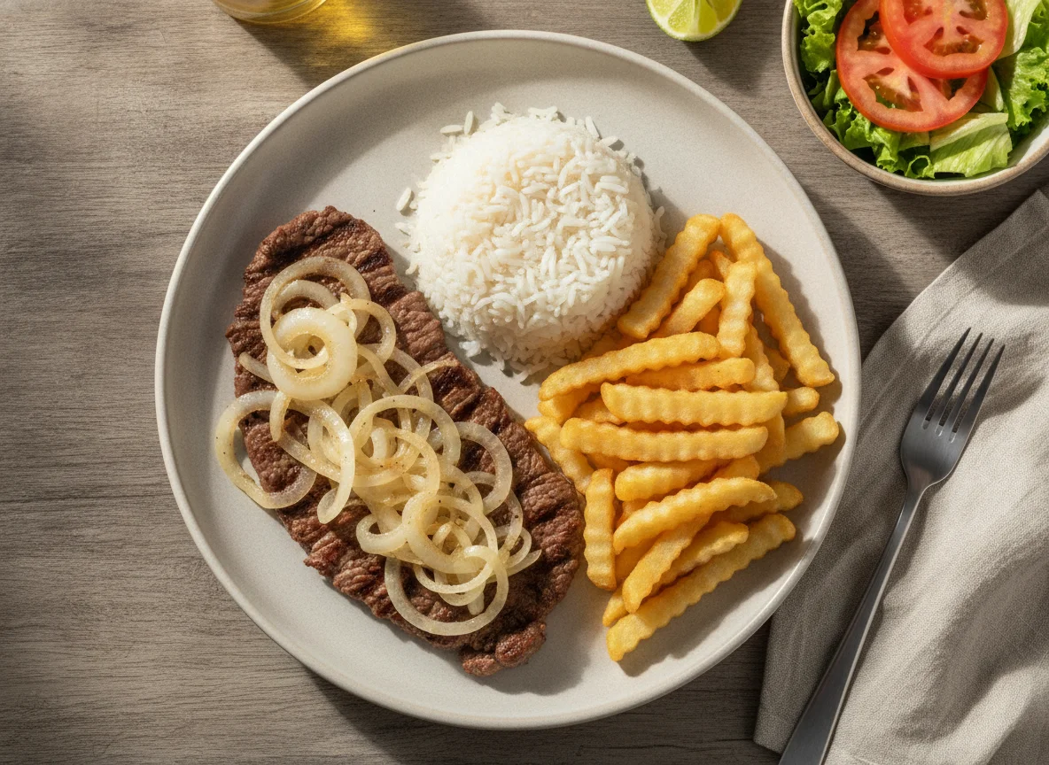 Prato Executivo de Bife Acebolado com Fritas e Arroz photo
