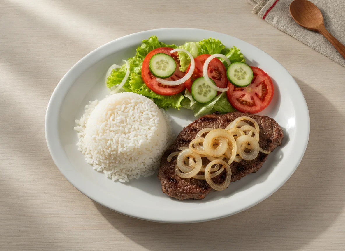 Prato Feito: Arroz, Carne Acebolada e Salada photo