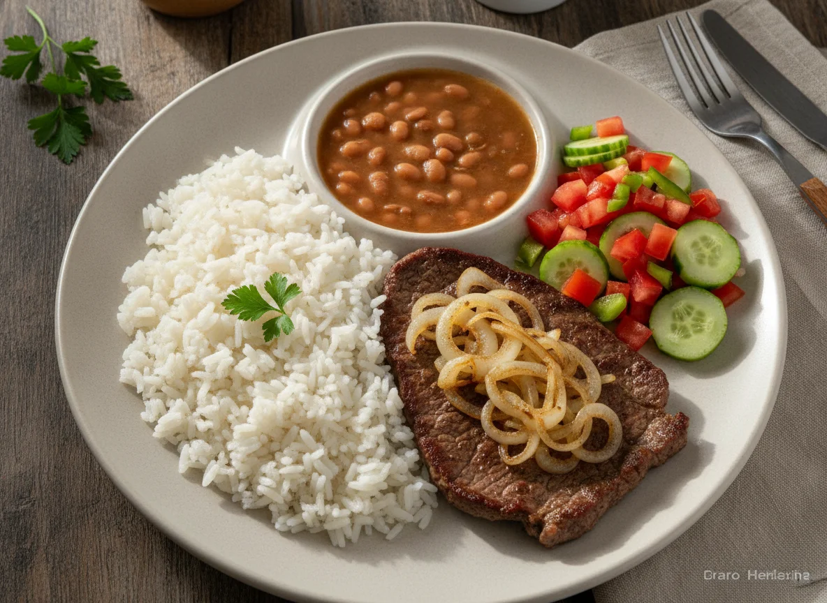 Prato feito brasileiro: arroz, feijão, bife acebolado e salada photo