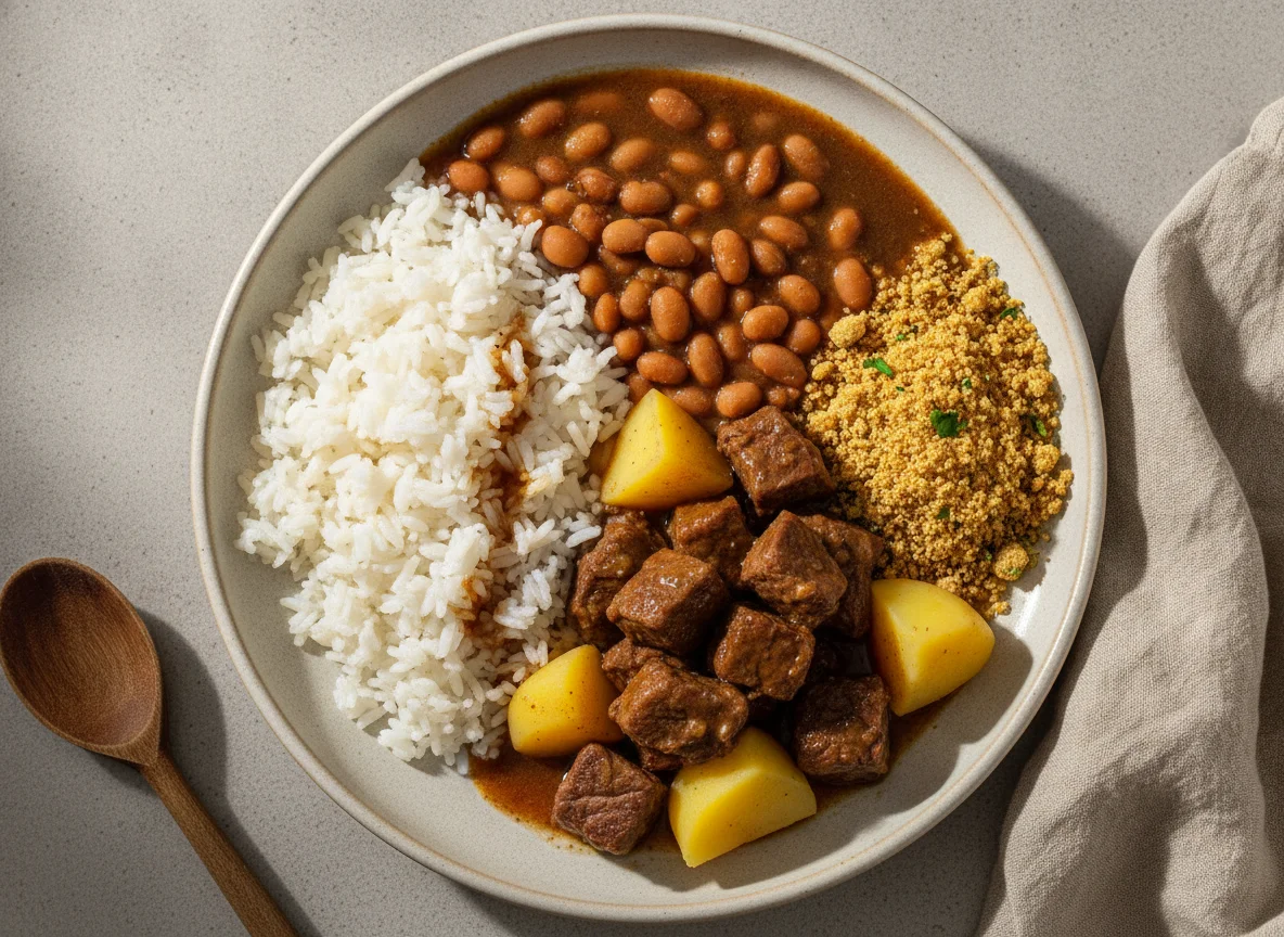 Prato Feito Brasileiro: Arroz, Feijão, Carne com Batata e Farofa photo