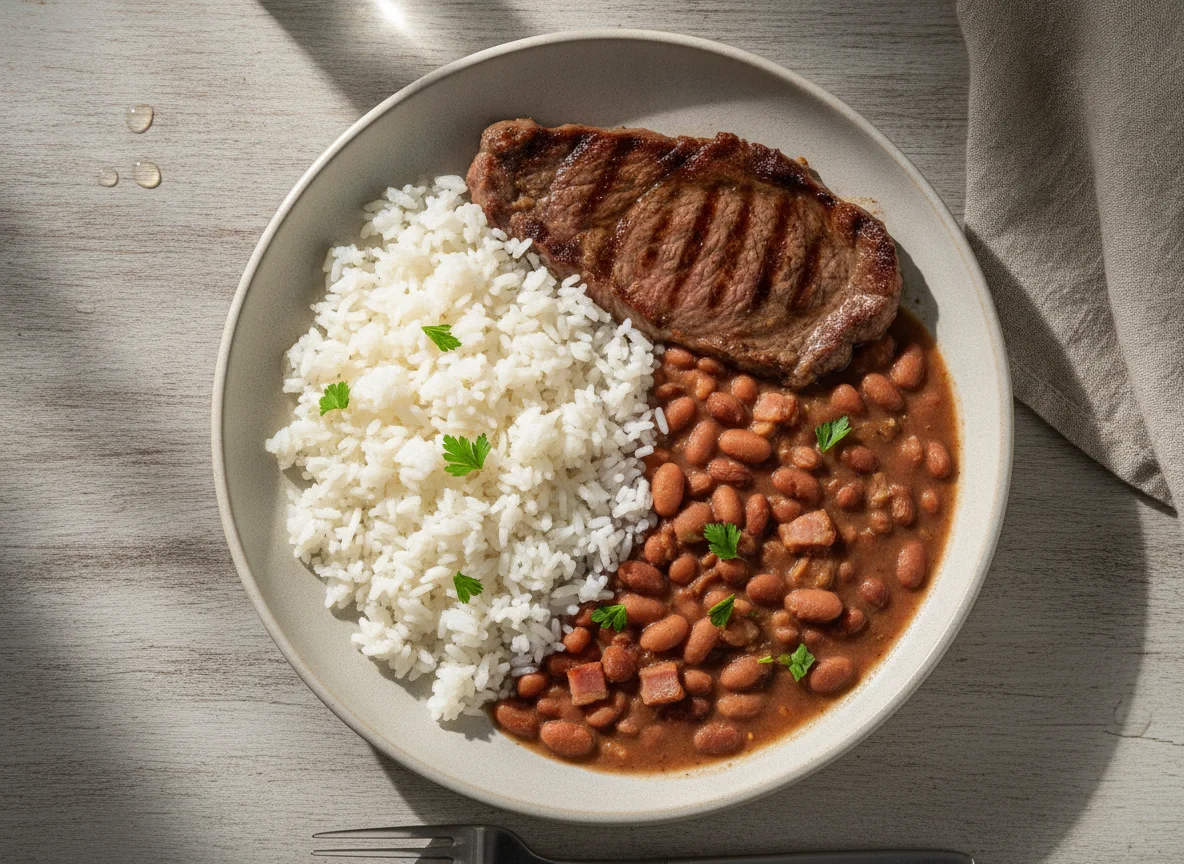 Prato feito brasileiro: arroz, feijão e bife photo