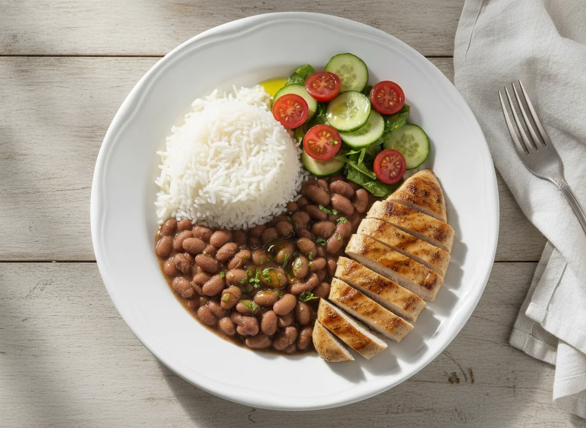 Prato Feito Brasileiro: Arroz, Feijão, Frango Grelhado e Salada photo